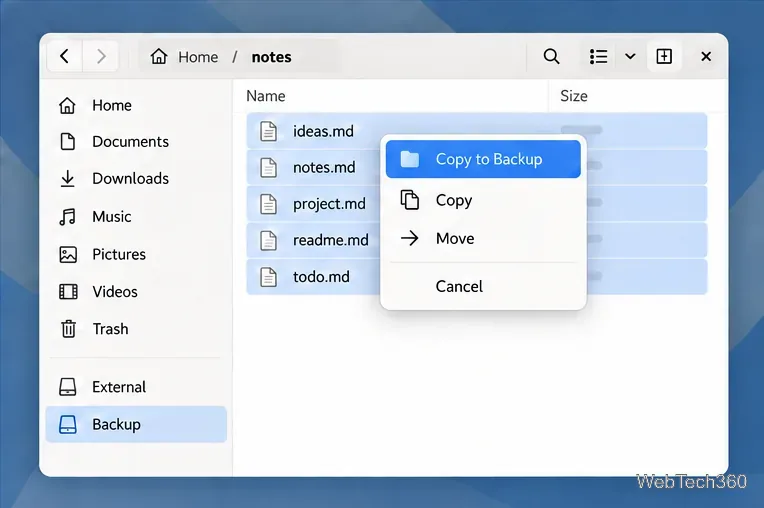 Exemplo ilustrativo do gerenciador de arquivos Linux mostrando arquivos de notas Markdown selecionados para cópia em um local de backup.