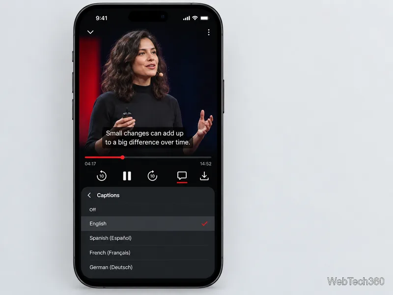 Un ecran conceptual de player video mobil care arată subtitrările selectate și un control pentru descărcarea offline.