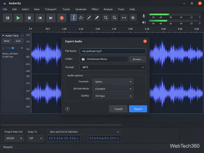 Audacity stereo waveform with the Export Audio dialog open and MP3 selected.
