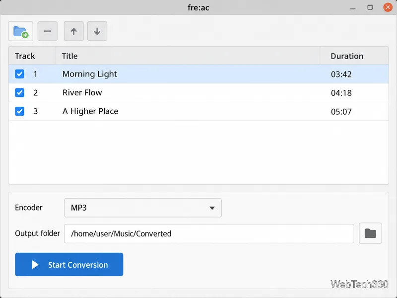 fre:ac converter window showing three tracks, MP3 selected as the encoder, and an output folder.