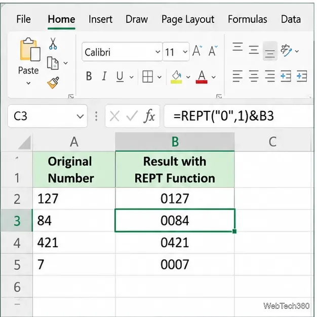 В электронной таблице Excel сравниваются исходные числовые значения с результатами формулы, дополненными до четырех знаков после запятой с помощью функции REPT.