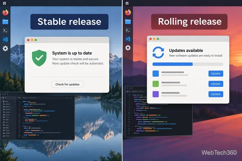 安定版リリースとローリングリリースのLinuxアップデートモデルを比較した図解
