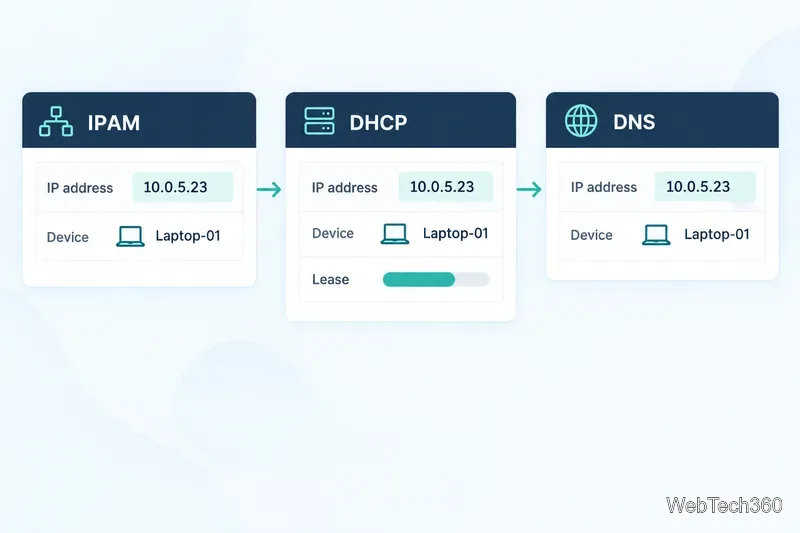 Концептуальный интерфейс DDI связывает запись IP-адреса с арендой DHCP и записью DNS для одного и того же устройства.