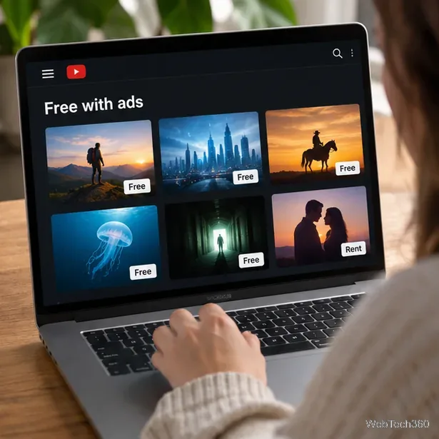 Laptop exibindo uma tela de navegação de filmes gratuitos com anúncios, com várias opções "Grátis" e uma opção "Alugar".