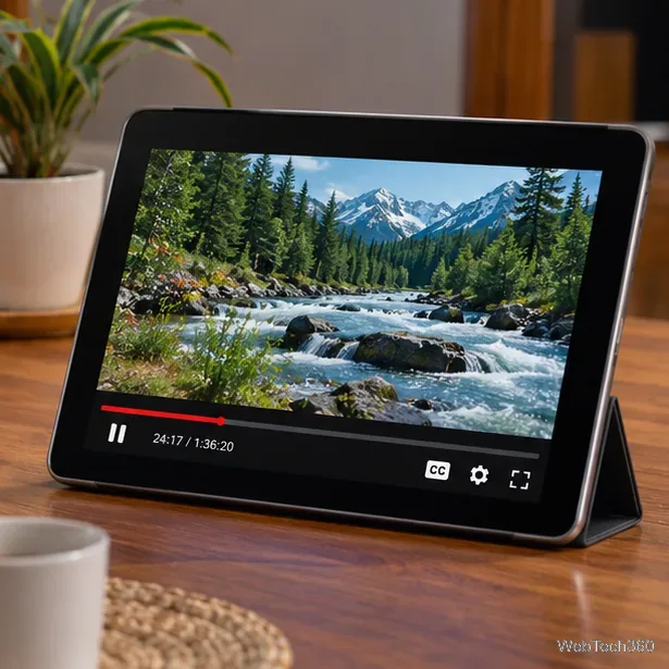 Tablet exibindo uma cena da natureza em tela ampla, com controles de reprodução e legendas visíveis.