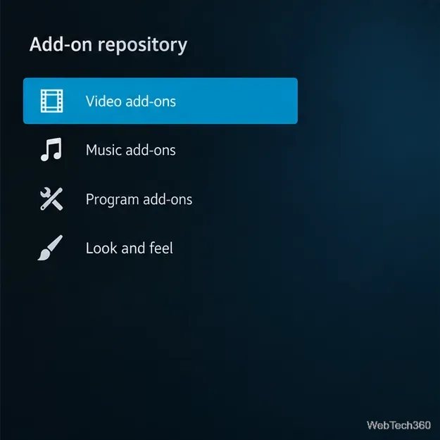 Список категорий репозитория дополнений Kodi с выделенными видеодополнениями.