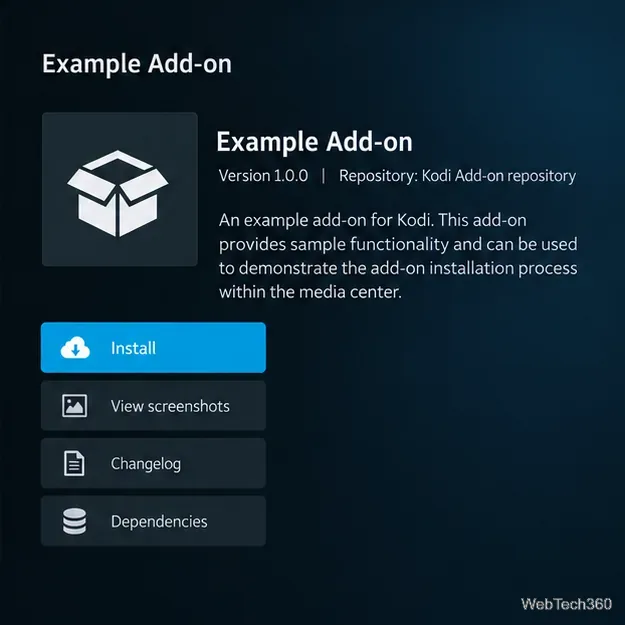 Стандартная страница с информацией о дополнении Kodi, кнопка «Установить» и отсутствие рекламы сторонних сервисов.