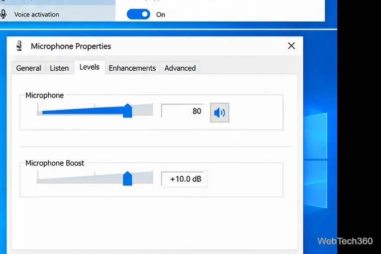 Windows 10 Microphone Properties Levels tab showing microphone level and microphone boost controls