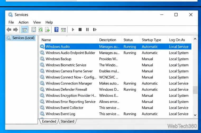 Windows 10 Services console with Windows Audio and Windows Audio Endpoint Builder running