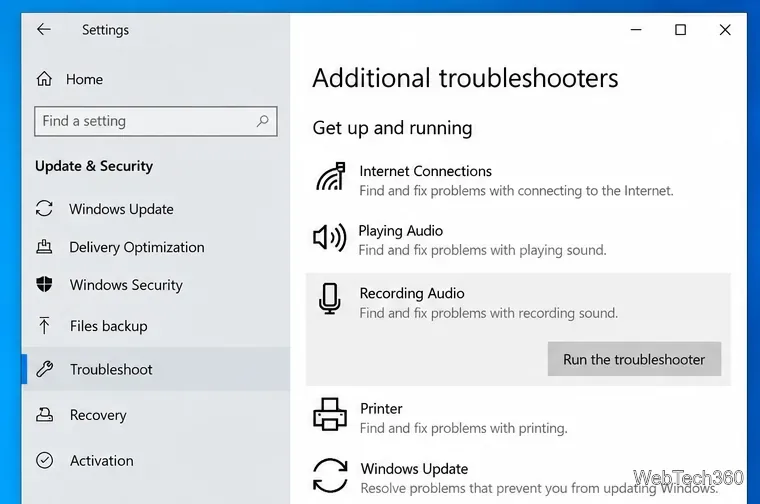 Windows 10 Additional troubleshooters page with Recording Audio selected
