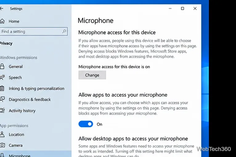 Windows 10 Privacy settings showing microphone access and desktop app access enabled