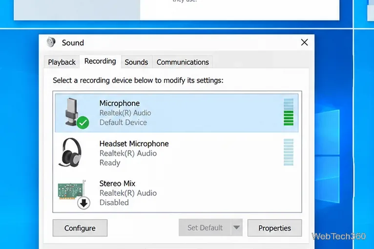 Windows 10 classic Sound control panel on the Recording tab with a microphone set as the default device