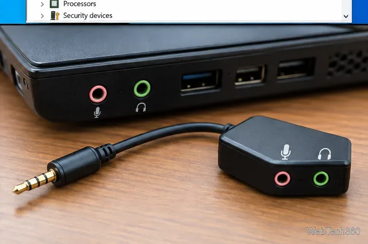 Desktop microphone and headphone jacks beside a 3.5 mm plug and USB audio adapter