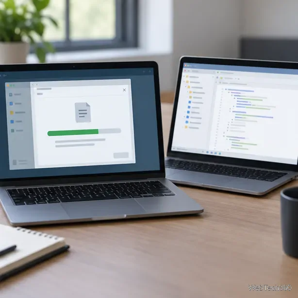 A laptop exports a project file beside another laptop displaying a generic alternative application.