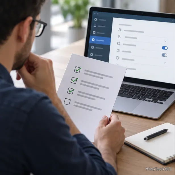 A user reviews a software evaluation checklist beside a laptop showing generic account settings.