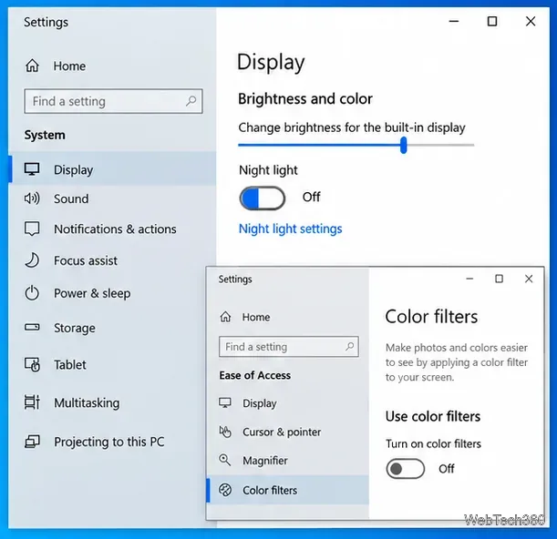 Настройки дисплея Windows с выключенным ночным режимом и настройки цветовых фильтров с выключенными фильтрами.