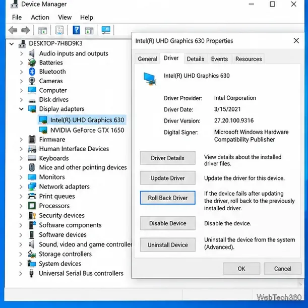 Диспетчер устройств Windows с окном свойств графического адаптера и кнопкой «Откатить драйвер».