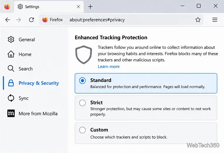 Page Confidentialité et sécurité de Firefox présentant les options de protection renforcée contre le pistage : Standard, Strict et Personnalisée