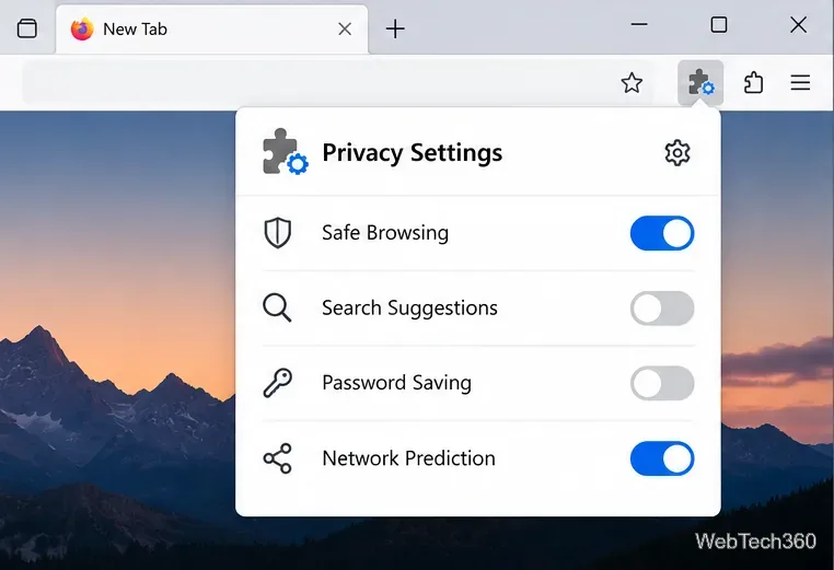Barre d'outils Paramètres de confidentialité avec navigation sécurisée, suggestions de recherche, enregistrement des mots de passe et contrôles de prédiction réseau
