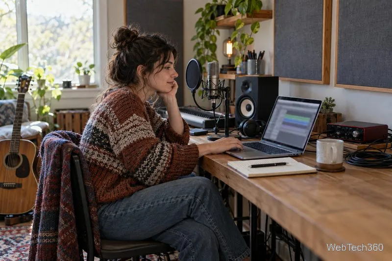 Ein unabhängiger Musiker arbeitet in seinem Heimstudio an einem Laptop neben einem Mikrofon und weiterer Audioausrüstung.