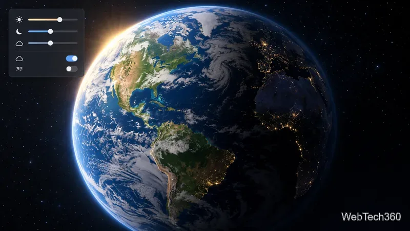 Sfondo terrestre accanto a cursori e interruttori astratti che rappresentano regolazioni del tempo e delle nuvole.