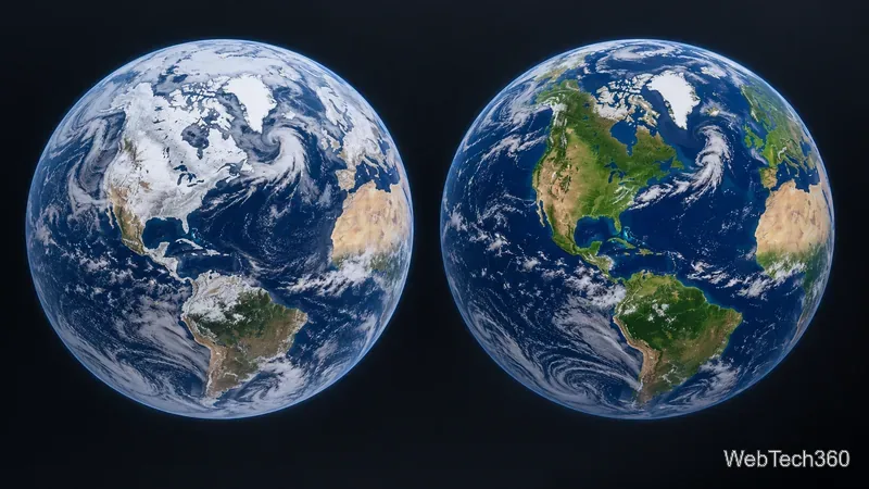 Due anteprime di sfondi a tema globo terrestre che confrontano un emisfero settentrionale innevato con una vista estiva più verdeggiante.