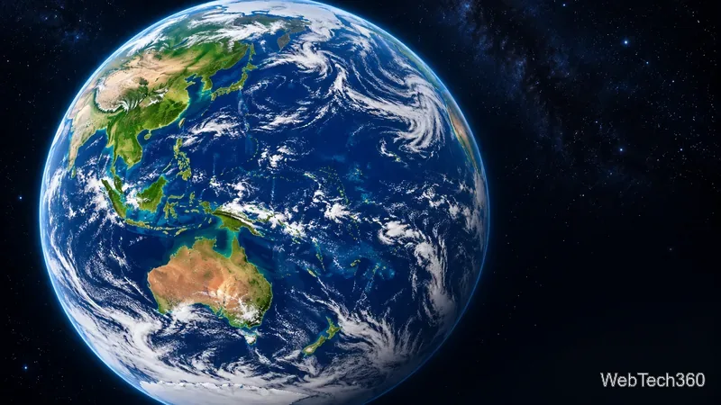 Sfondo con la Terra centrata sul Pacifico, che mostra Asia, Australia e ampie fasce nuvolose.