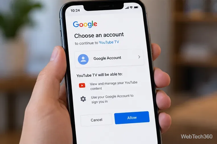 Il telefono mostra una schermata di selezione dell'account Google e il pulsante "Consenti" durante la connessione a YouTube TV.