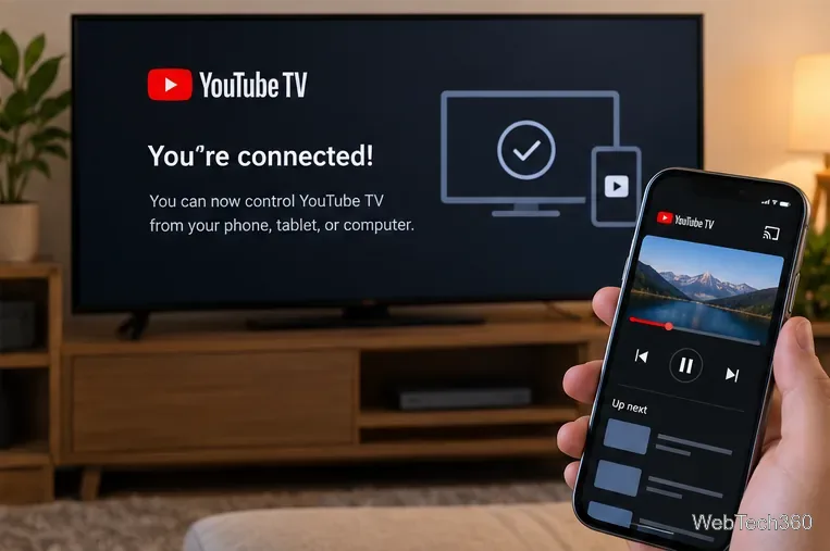Il televisore mostra la conferma di connessione a YouTube TV mentre si utilizza un telefono come controller di riproduzione.