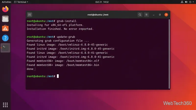 Ubuntu terminal showing successful grub-install and update-grub output