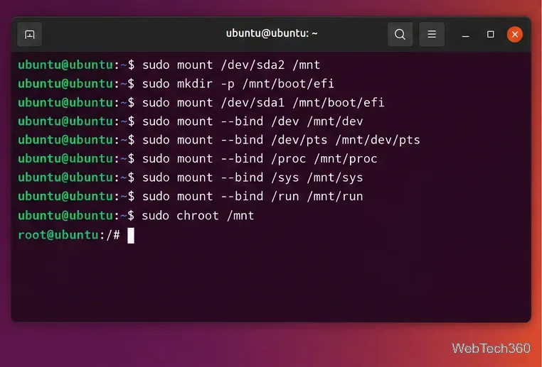 Ubuntu terminal mounting the root and EFI partitions, bind mounting system directories, and entering chroot