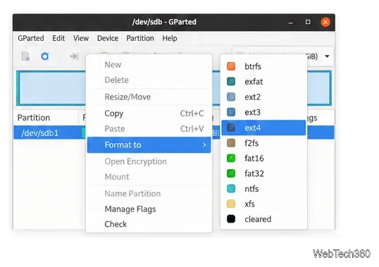 GParted Format to menu showing ext4 exFAT FAT32 NTFS and other file system choices