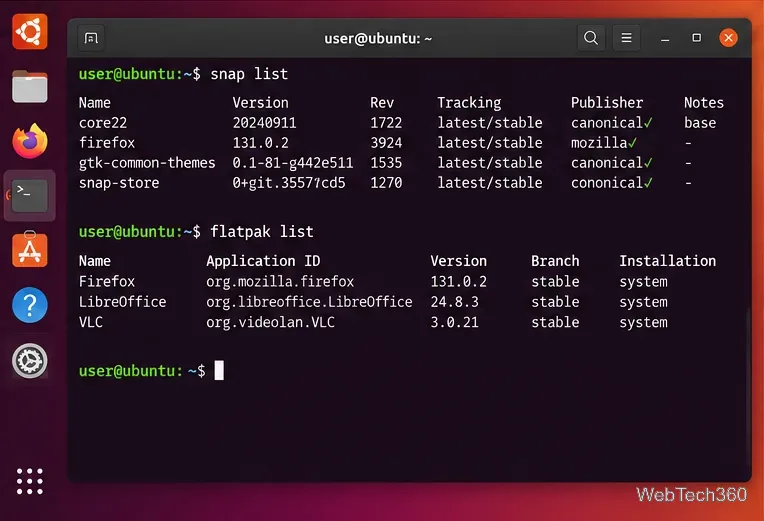 Ubuntu Terminal showing snap list and flatpak list commands for installed applications