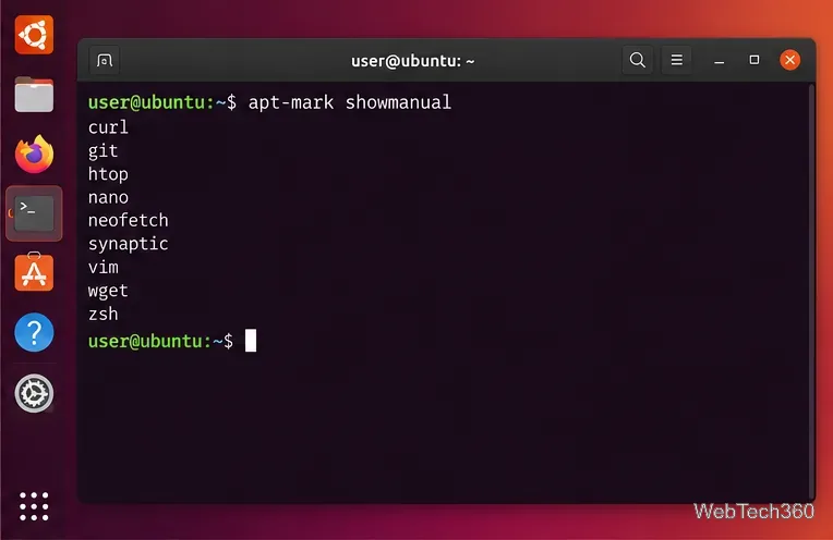 Ubuntu Terminal showing apt-mark showmanual output for manually marked APT packages