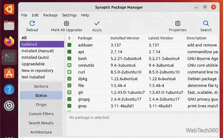 Synaptic Package Manager with the Status section and Installed filter selected