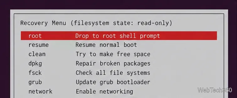 Ubuntu Recovery Menu with Drop to root shell prompt selected