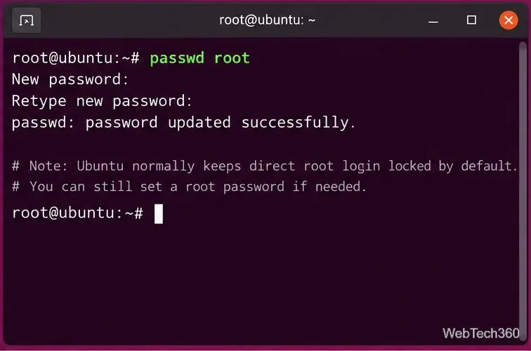 Ubuntu root terminal showing the passwd root command and a successful password update