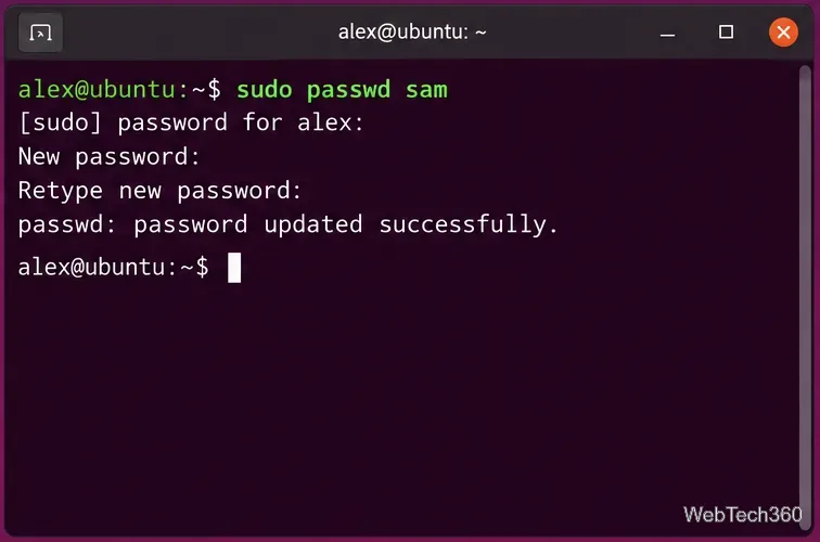 Ubuntu terminal showing sudo passwd sam from an administrator account