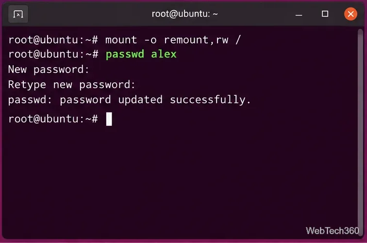 Ubuntu root terminal showing passwd alex completing successfully