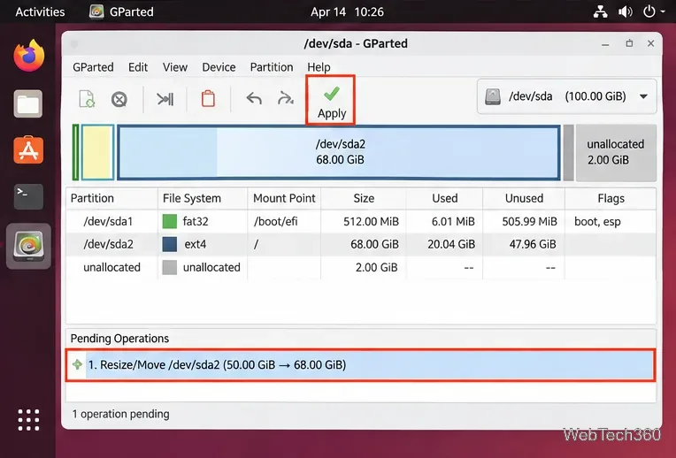 キューに登録されたサイズ変更移動操作と適用ボタンが表示されたGPartedウィンドウ
