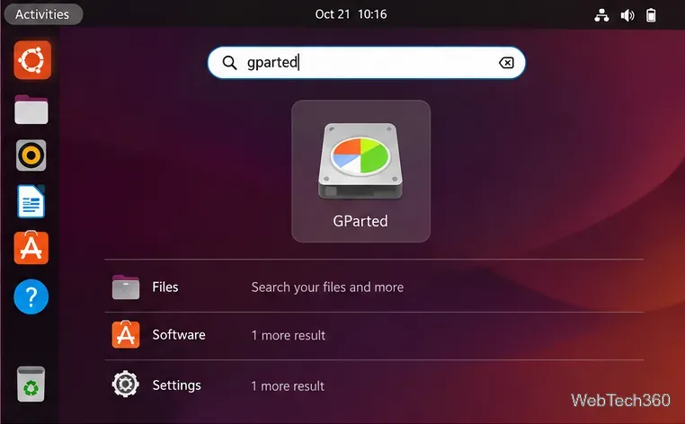 Ubuntuデスクトップの検索画面にGPartedパーティションエディタが表示されます。