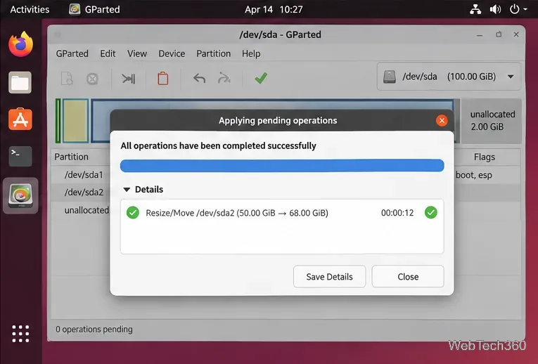 GPartedの完了ダイアログで、パーティションのサイズ変更が正常に完了したことを確認しています。