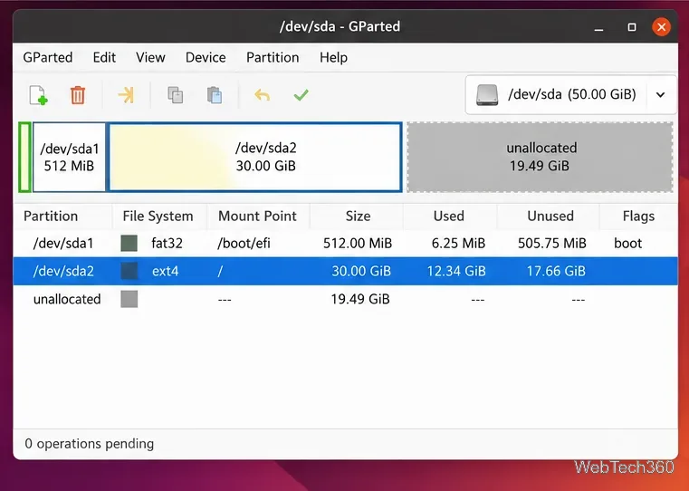 GPartedのディスクマップで、ext4 Ubuntuパーティションが選択され、その横に未割り当て領域が表示されている。