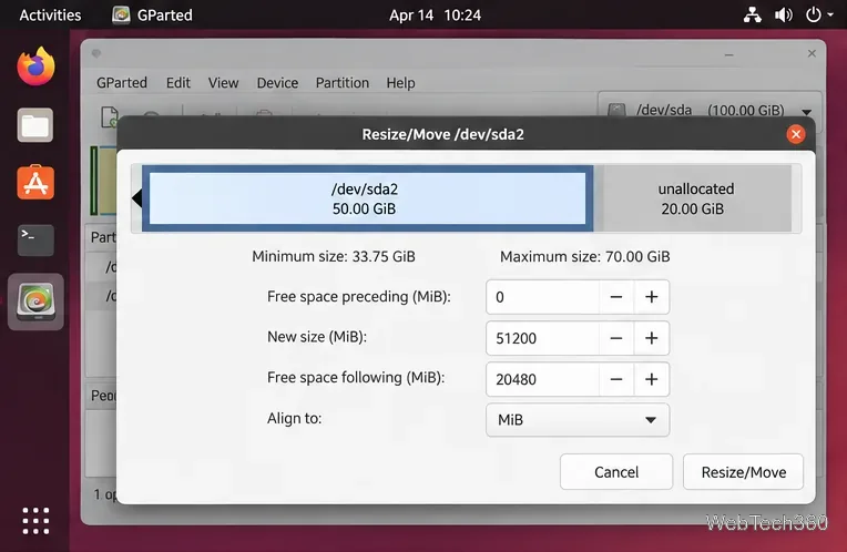 ext4パーティションのサイズを変更する前に表示されるGPartedのサイズ変更ダイアログ