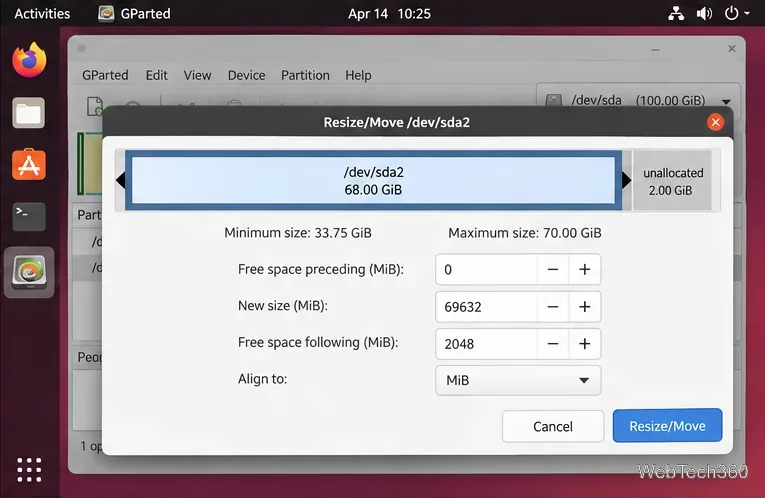 ext4パーティションを隣接する未割り当て領域に拡張した後のGPartedサイズ変更移動ダイアログ