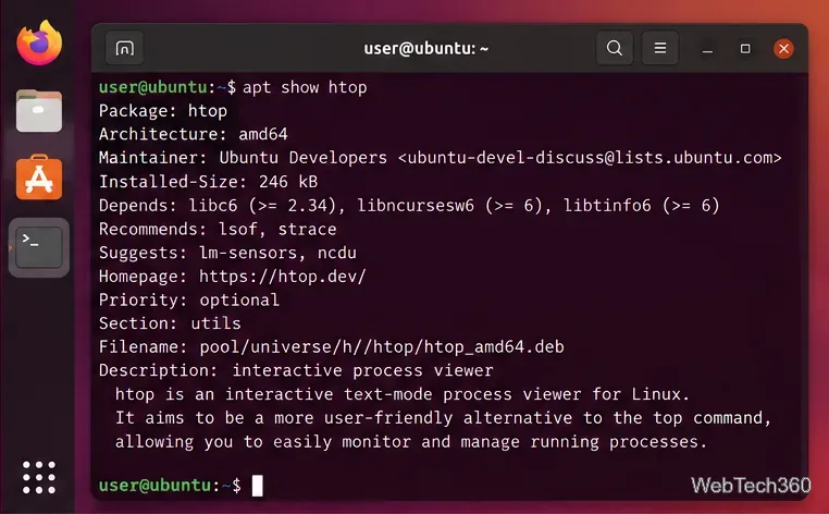 Ubuntu Terminal showing apt show htop with package description and dependency information