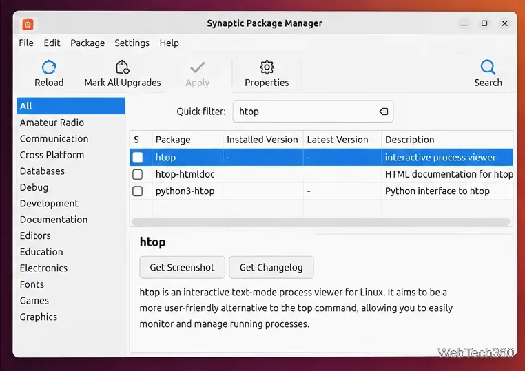 Synaptic Package Manager on Ubuntu filtered for htop and related packages