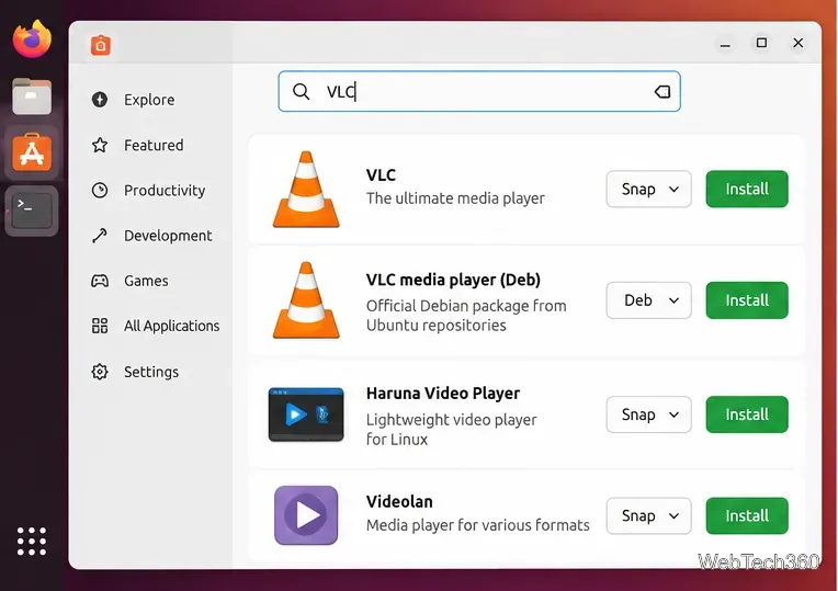 Ubuntu App Center search interface showing VLC results and package format choices