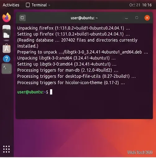 Ubuntu Terminal showing package configuration finishing and returning to the shell prompt.
