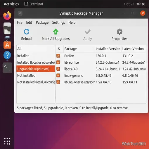 Synaptic Package Manager showing an upgradeable packages filter and the Mark All Upgrades toolbar control.